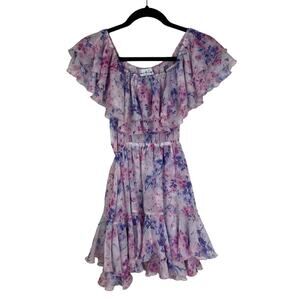 Cari Capri Floral Print Barbados Mini Dress Size XS Ruffle Purple Off Shoulder